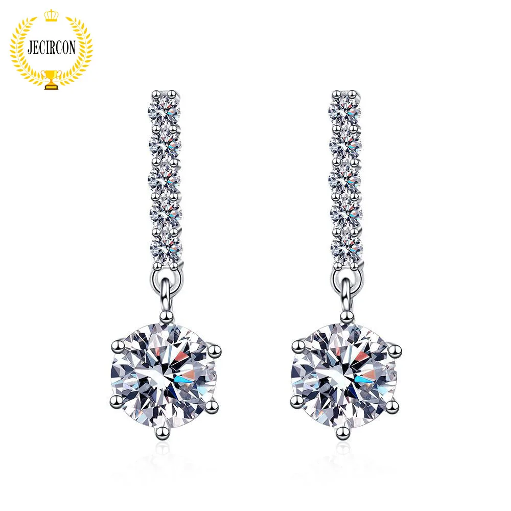 

JECIRCON-Moissanite Stud Earrings for Women Authentic Tassel Round 6-Claw Ear Pendants 925 Sterling Silver Jewelry New 1 Carat