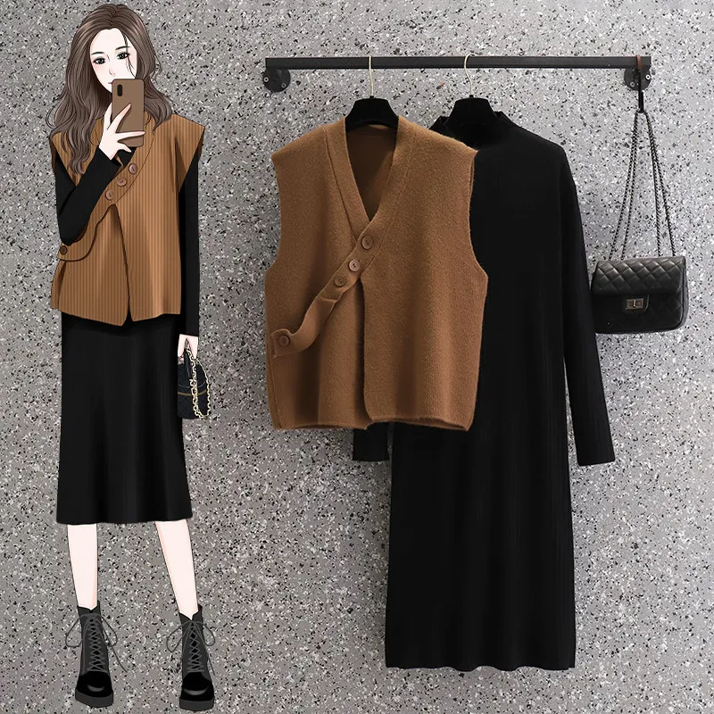 Autumn Winter Elegant Knit Two-piece Set For Women 2023 Vest Tops And Half Turtleneck Dress Female Casual Large Size Black Suits