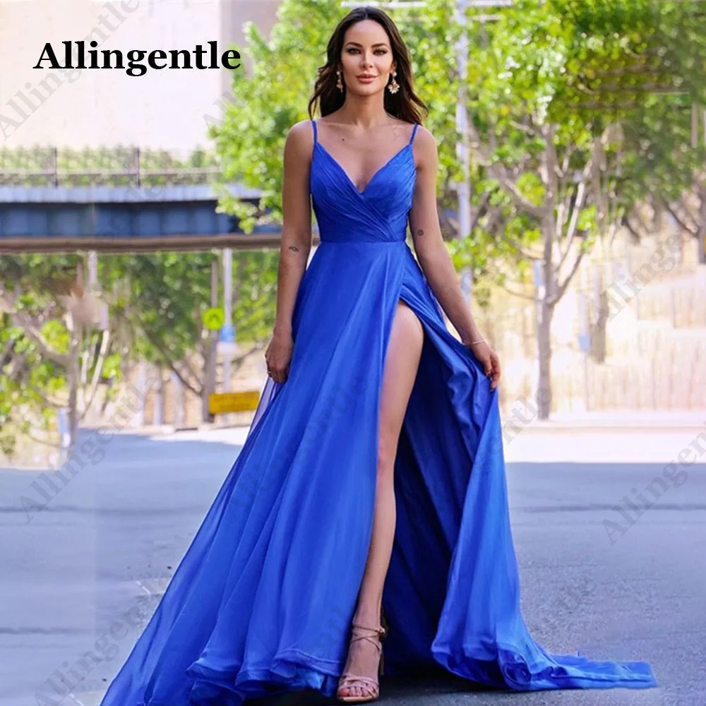 Allingentle Spaghetti-Straps Royal Blue V-Neck Evening Dress With Slit Sleeveless A-Line MaxiDress Custom Made Formal Party Gown