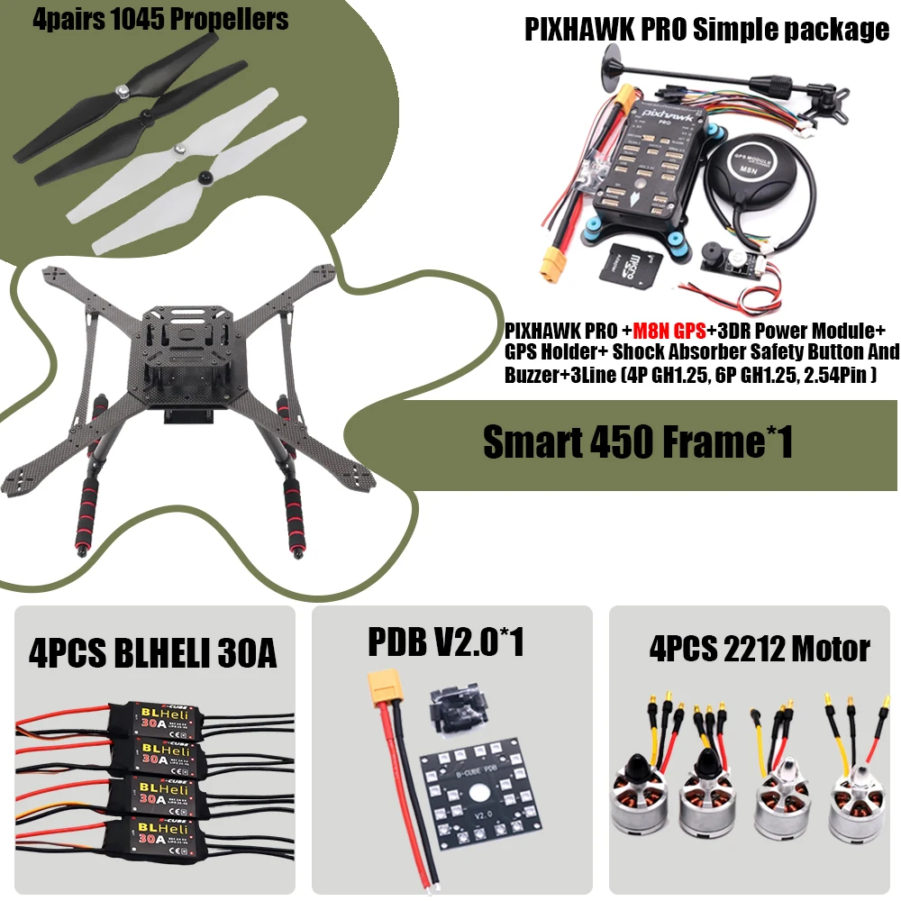 PIXHAWK2.4.8 contrôle de vol en Fiber de carbone Smart450 Kit de cadre Ardupilot 100MW radio télémétrie quadrirotor BLHELI 30A ESC 2212 moteur