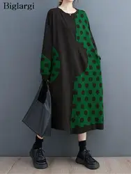 Oversized Spring Autumn Midi Dress Women Polka Dot Print Patchwork Fashion Loose Pleated Ladies Dresses Long Sleeve Woman Dress