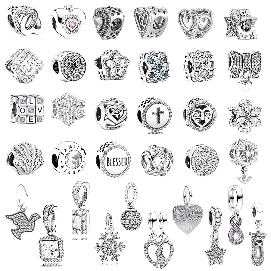 رائجة البيع تألق متشابكة القلوب 、 احتفالية ندفة الثلج ونجمة بافي خرز تميمة صالح الأصلي الفضة 925 سوار لتقوم بها بنفسك مجوهرات هدية #1