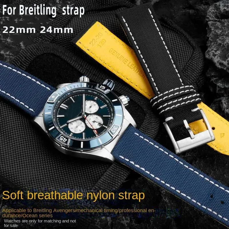 22mm 24mm Nylon Leather Watchband For Breitling strap Avengers Blackbird Yellow Wolf Super Ocean series Replacement Bracelet men