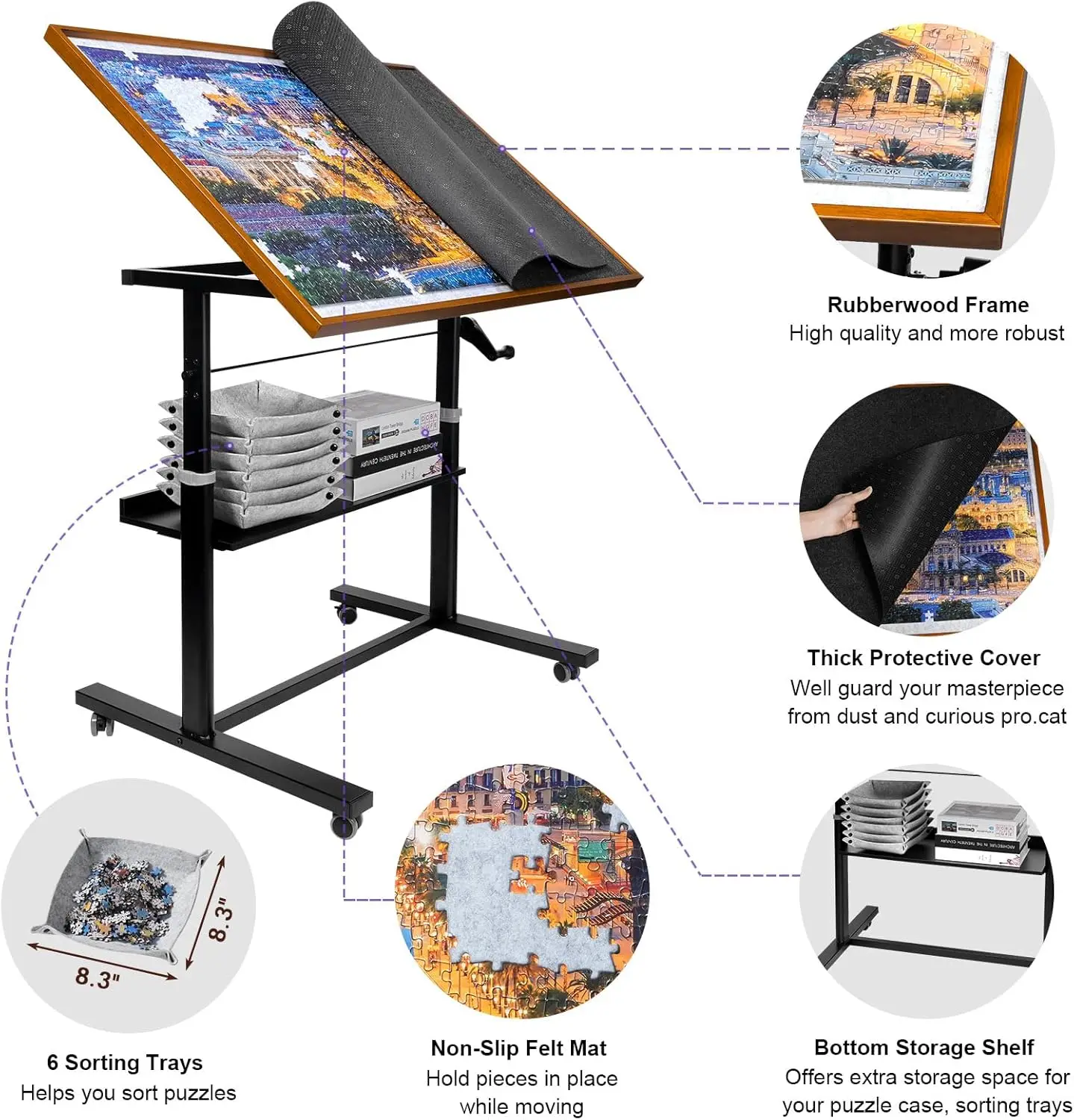 1500-teiliger Puzzeltisch mit Beinen, 36"x26" höhenverstellbares Puzzlebrett mit Abdeckung und 6 Sortiertabletts, 12-Kippwinkel-P
