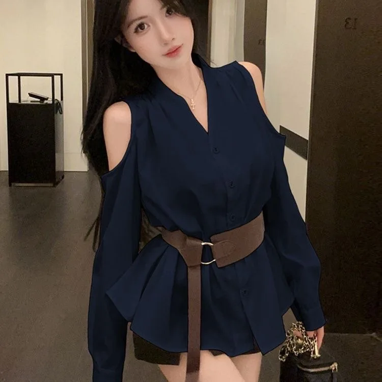 

Elegant V-Neck ShoulderBared Long Sleeve Shirt Women's plus Size Slim Fit Casual Fashion Polyester Fiber NonDeformable Breath...
