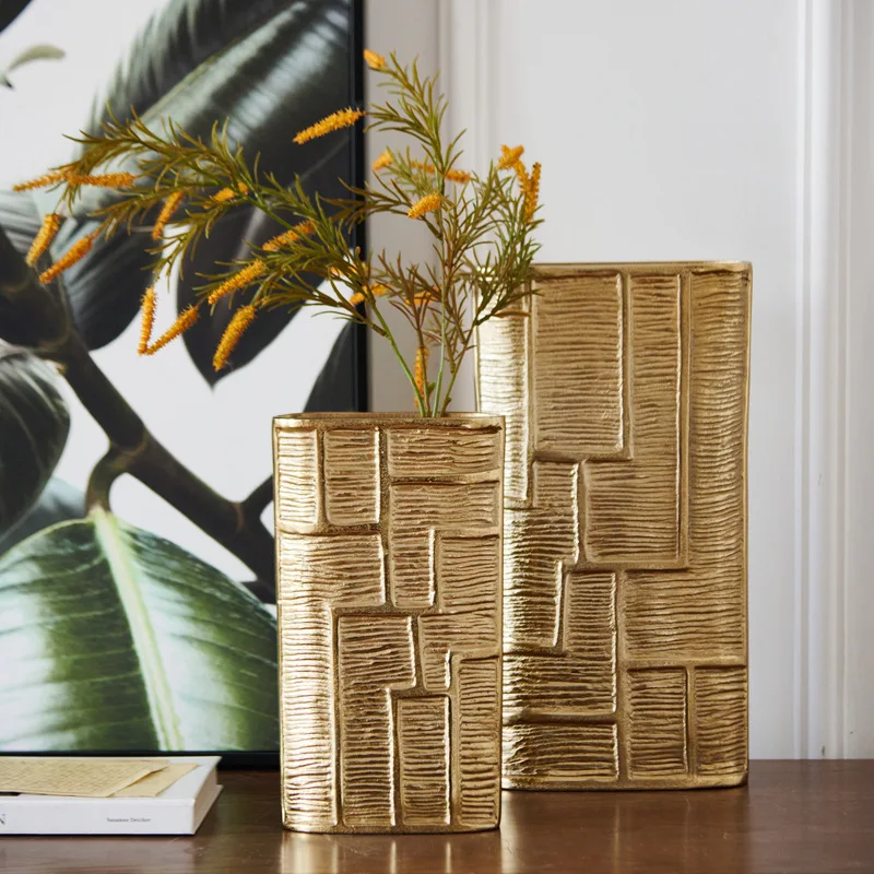 Modern simple gold step pattern flat aluminum vase ornament creative light luxury home decoration metal flower ware