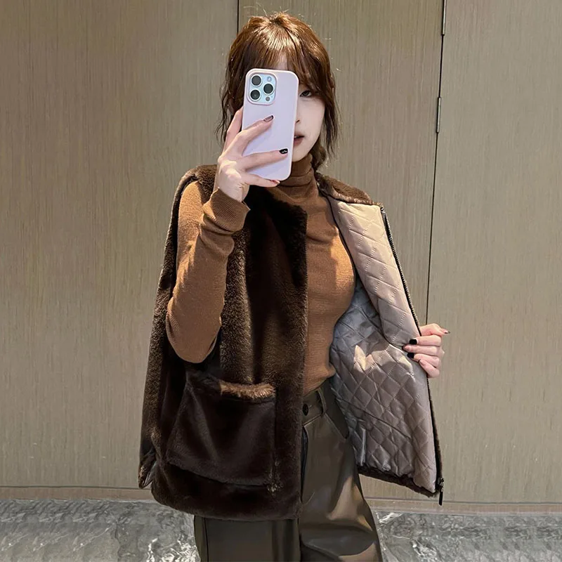 

Fashion Mink Velvet Fur Vest Coat Women Autumn Winter 2025New Fur Integration Fur Sleeveless Jacket Waistcoat Outwear Female Top