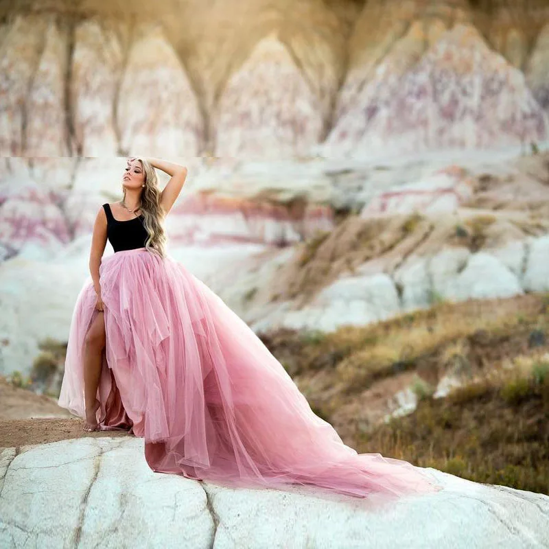 Imagem -04 - Saia de Trem Longo Rosa Empoeirado Feminino Saia Maxi Cheia de Tule Cintura Elástica Dividida Saias de Festa de Casamento Mulheres