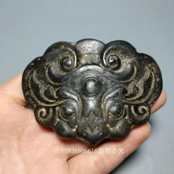 Hongshan Culture Collection Antique  Miscellaneous Black Iron Meteorite Lion Head Beast Head Jade Plate Old Items Old Antiques