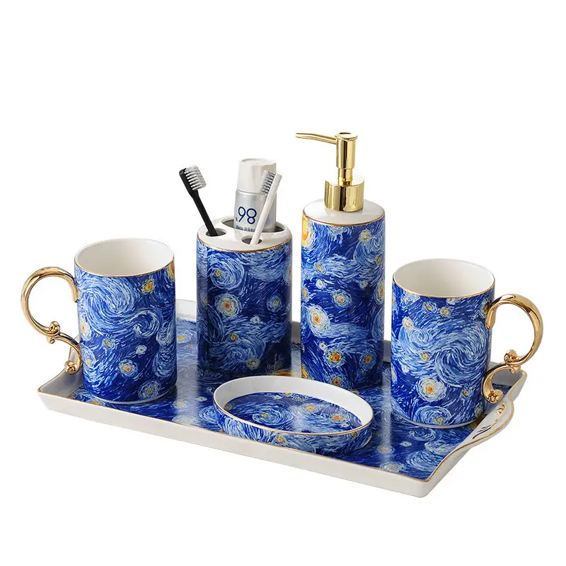 European Ceramic Blue Bathroom Five-piece Set Gold Border Gargle Cup Shampoo Bottle Soap Dish Wedding Gift Bathroom Accessories