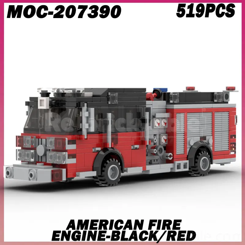 

519 шт. MOC- 207390 Американская пожарная машина-красная американская башня, лестница, городская модель пожарной машины, MOC, строительные блоки, сделай сам, сборка кирпичей