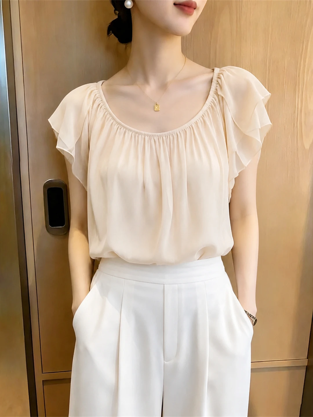 

Slimming Effect Loose Short Sleeve round Neck Ruffle Hem Shirt Fashionable Summer Top Korean Style Commute Wind Women's Clothing
