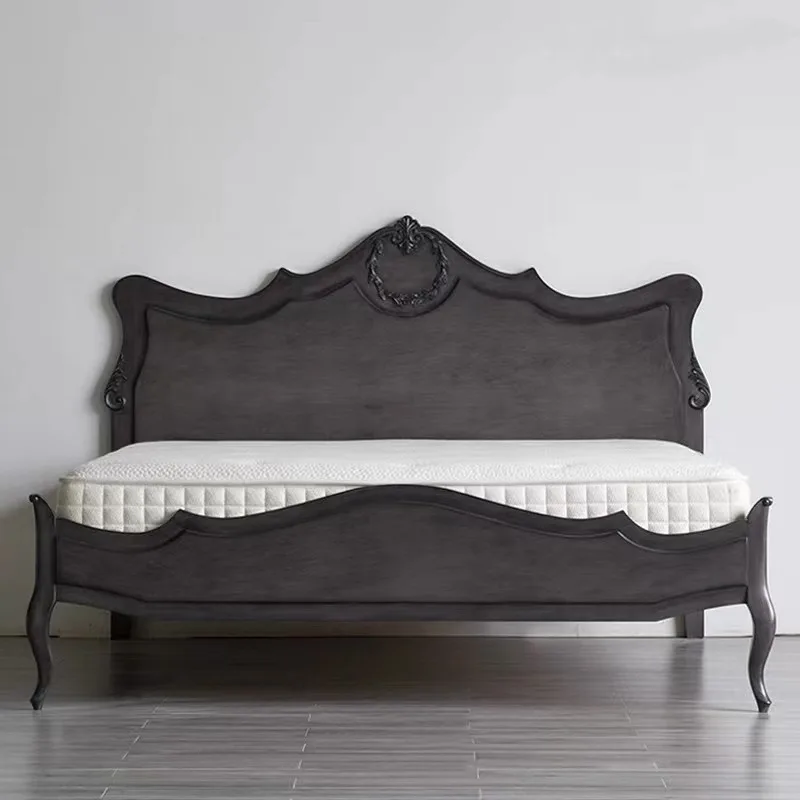 Solid wood bed carving simple black nostalgic French minimalist light luxury backrest soft bag double bed