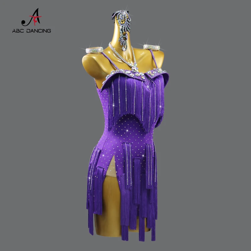 Latin Dance Dress Party Costume Girl Dancewear Stage Women's Practice Wear Clothes Stand Ball Competition Tassel Skirt Line Suit