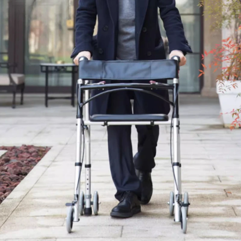 Hemiplegic Elderly Mobile Chair Walking Stick with Handbrake, Four-wheel Folding Assistant Adult Walkers, Disabled Crutches
