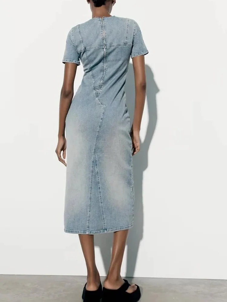 TRAFZA Casual Blue Denim Dress Patchwork Denim O Neck Dress Short Sleeve Slit Elegant Denim Midi Washed Denim Slim Dress