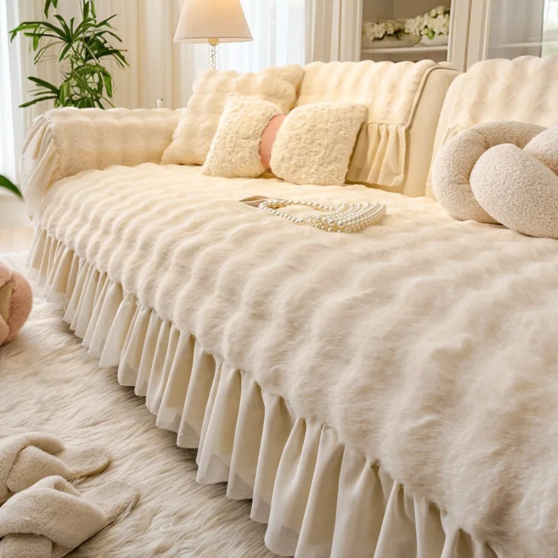 Imitation Rabbit Plush Sofa Cushion Thick Plush Sofa Cover for Autumn and Winter Anti Slip Sofa Cushion Lotus Leaf Skirt Edge