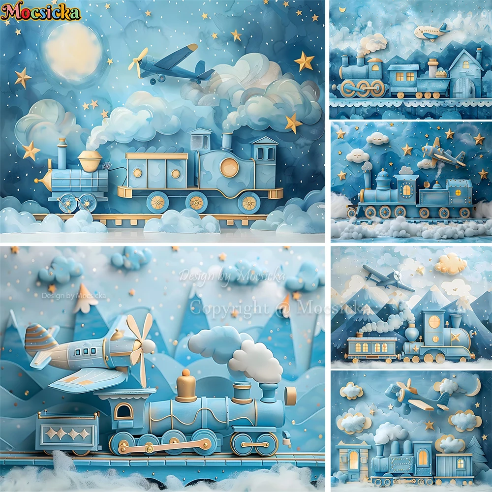 

Baby Boy Birthday Party Background Photography Stars Cloud Toy Train Plane Blue Backdrop Decor Kids Cake Smash Studio Photobooth