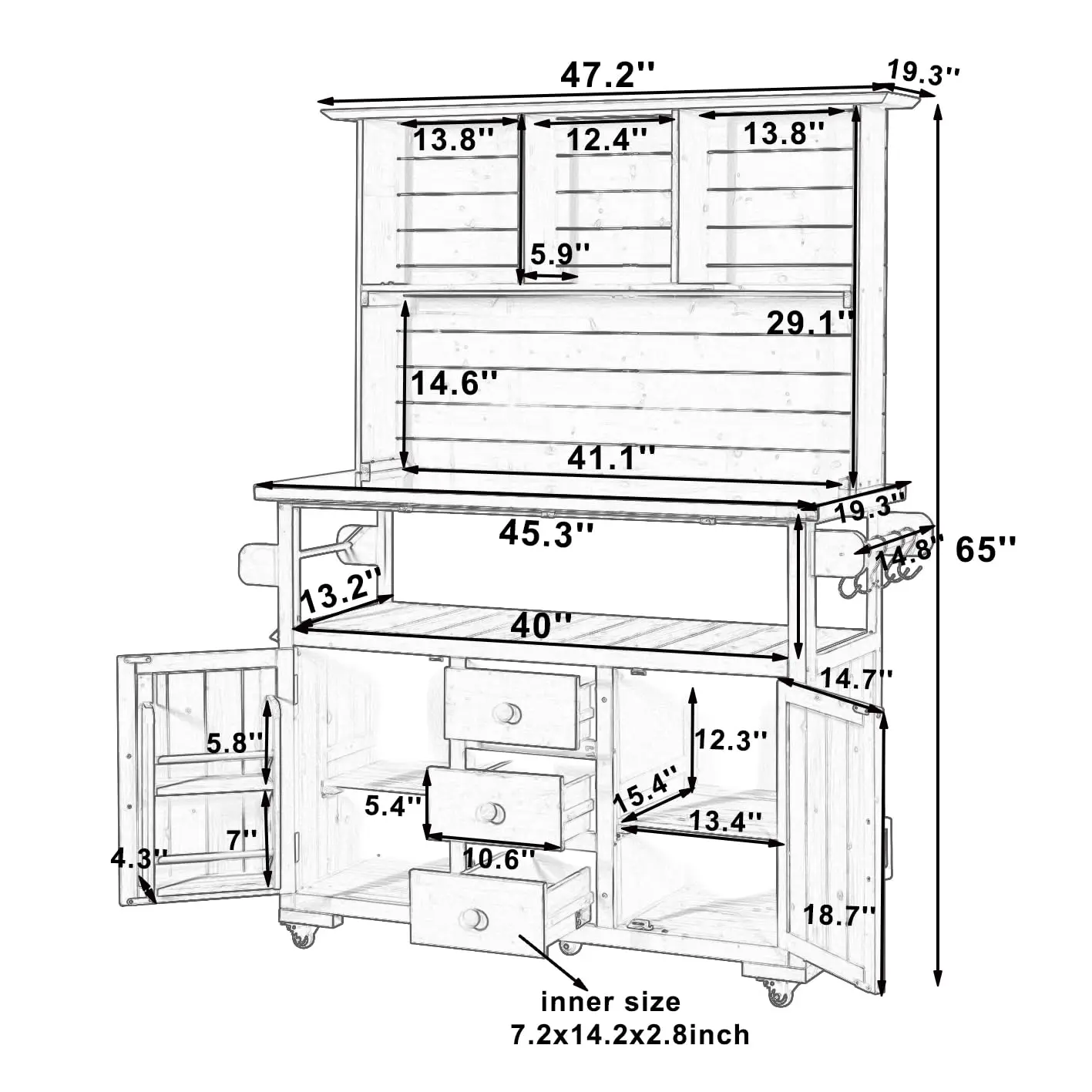65''H Large Garden Storage Potting Bench with Lockable Wheels, Wood Outdoor Kitchen Island with Stainless Steel top