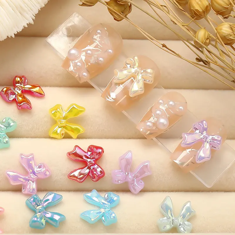 30PCS Shiny Resin Bow Nail Charms Parts Colorful Pearl Luster Bowknot Accessories For 3D Nail Art Decoration Supplies Manicure