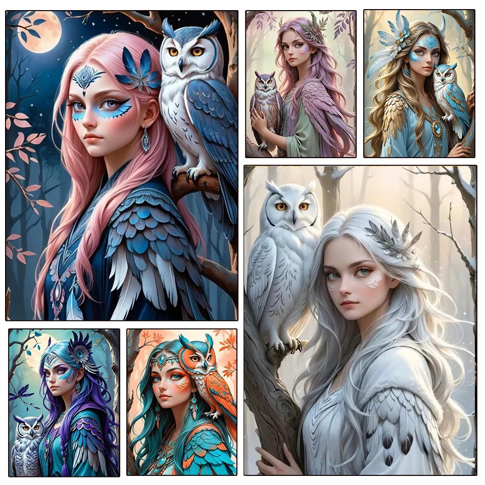 

Алмазная 5D картина с изображением женщины тигра ночи Луны совы