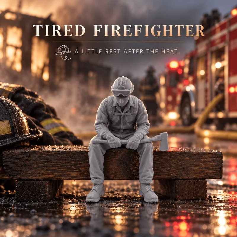tired firefighter figurine, seated firefighter statue ornament, halloween christmas collectible decor, home desktop bookshelf