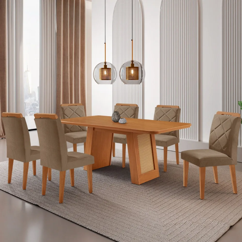 Mesa de Jantar Carolina Tampo 180cm MDF Canto Copo e 6 Cadeiras Melissa Moderna Mobilia