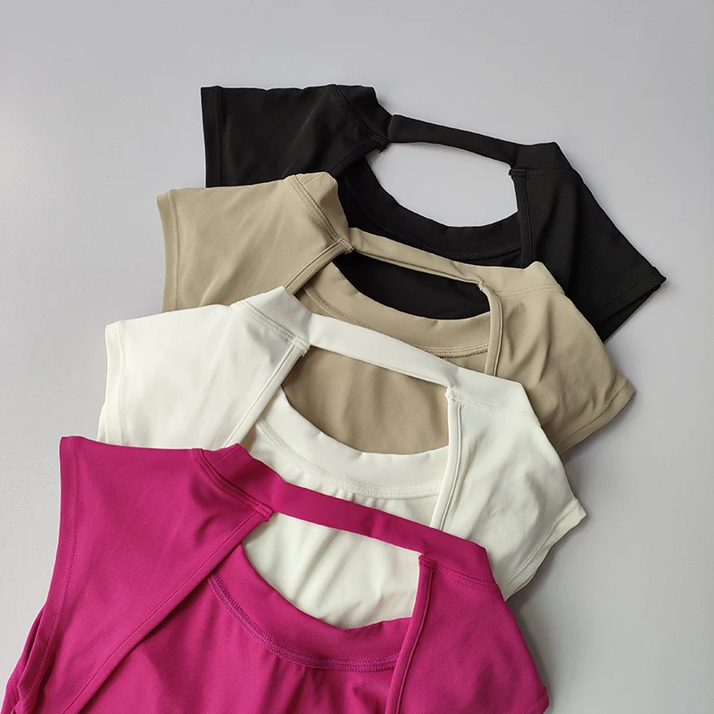 Sexy kurzes, rückenfreies Sport-T-Shirt mit festem Brustpolster, eng anliegendes, schnelltrocknendes, schlankmachendes Yoga-Oberteil für Damen. – Detail 15