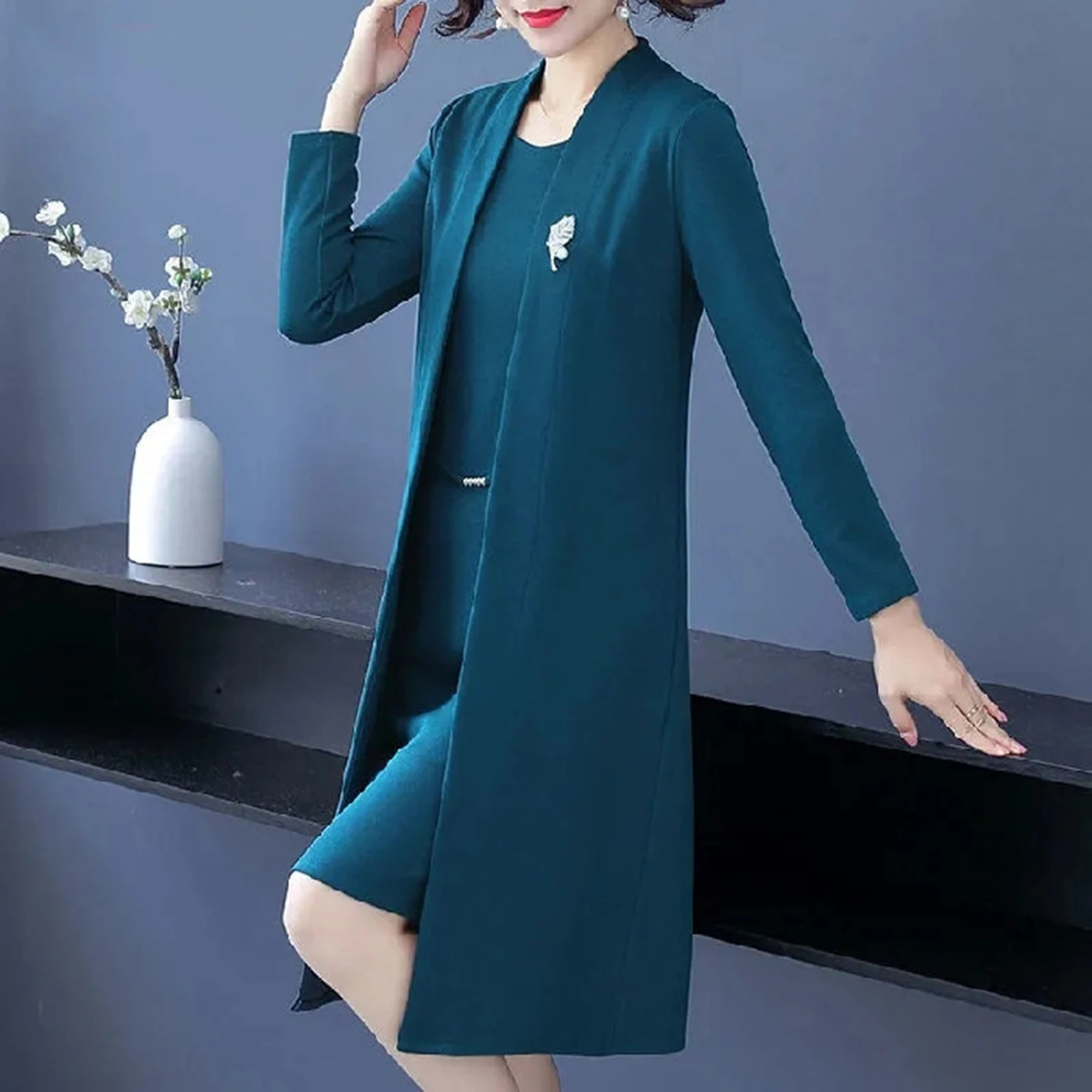 Women Dress Coat Suit Spring Fall Elegant Solid Color Middle-age Ladies Female Open Front Long Cardigan O Neck Sleeveless Dress