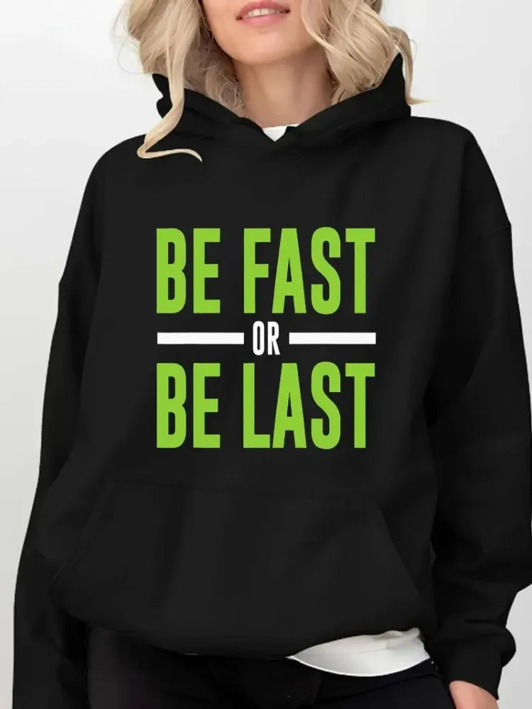 سترة رياضية نسائية بمقاس كبير BE FAST أو BE LAST سترة تحفيزية للتمرين، سترة بقلنسوة للجري ثقيلة الوزن 450 جرامًا للمتر المربع