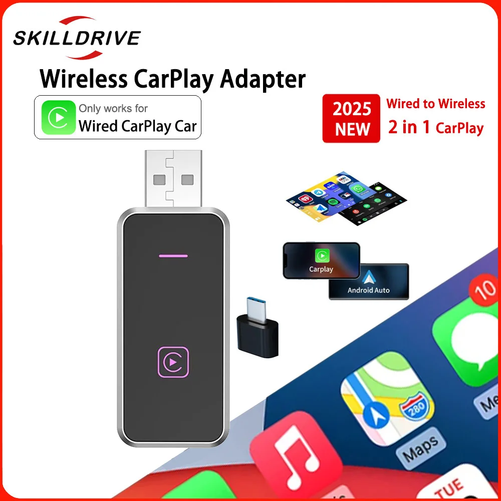 SKILLDRIVE 2 in 1 Wireless Carplay Adapter for Toyota Volvo Benz Audi Kia MG Car with Built-in Wired CarPlay