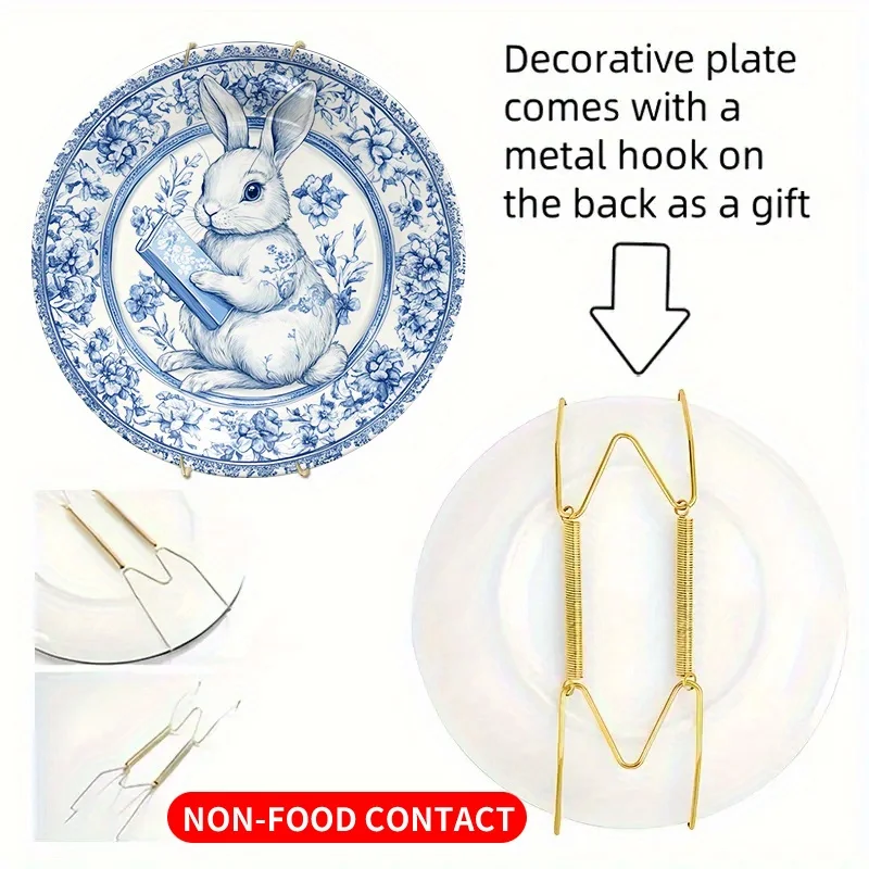 1pc Vintage Floral Rabbit Ceramic Plate - Elegant Bunny with Book Floral Pattern in Blue & White, Non-Food Contact Decorative