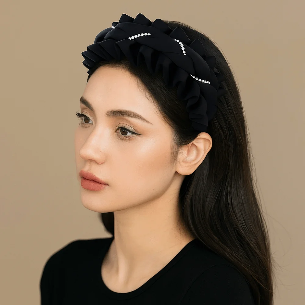

Retro Cloth Black Hairband Wide Rhinestone Women Hair Hoop Korean Style Thickened Wrinkle Headband Women