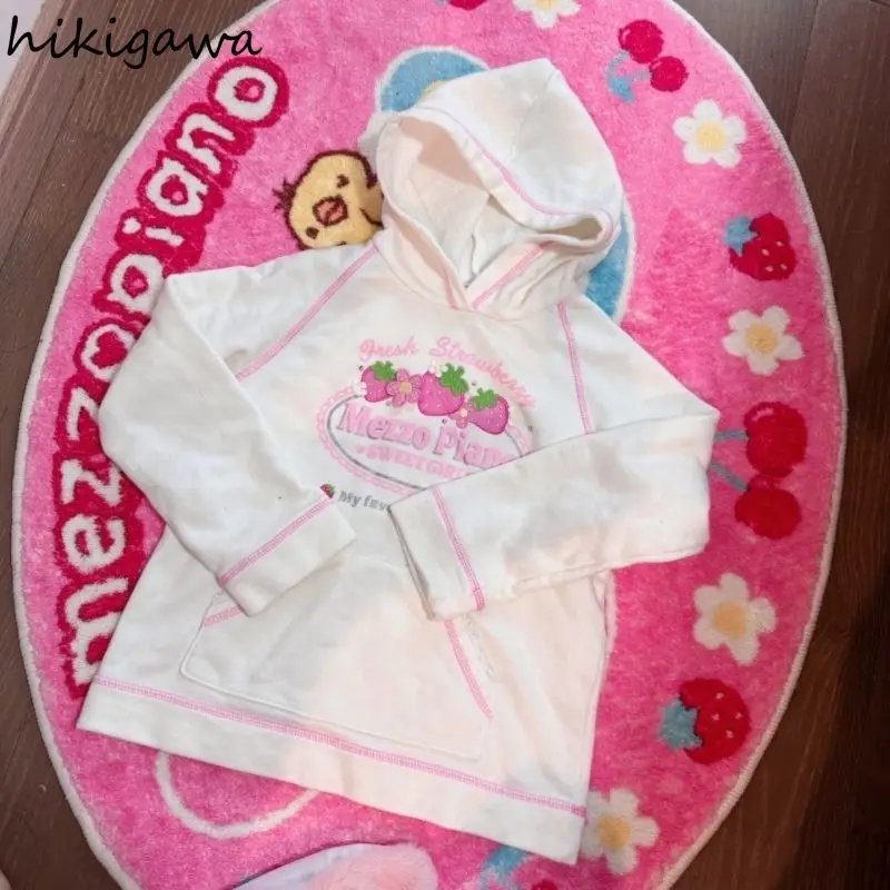 Strawberry Print Sweet Hoodie Women 2024 Ropa Mujer Hooded Long Sleeve Y2k Tops Casual Sweatshirts Fashion Japanese Cute Hoodies