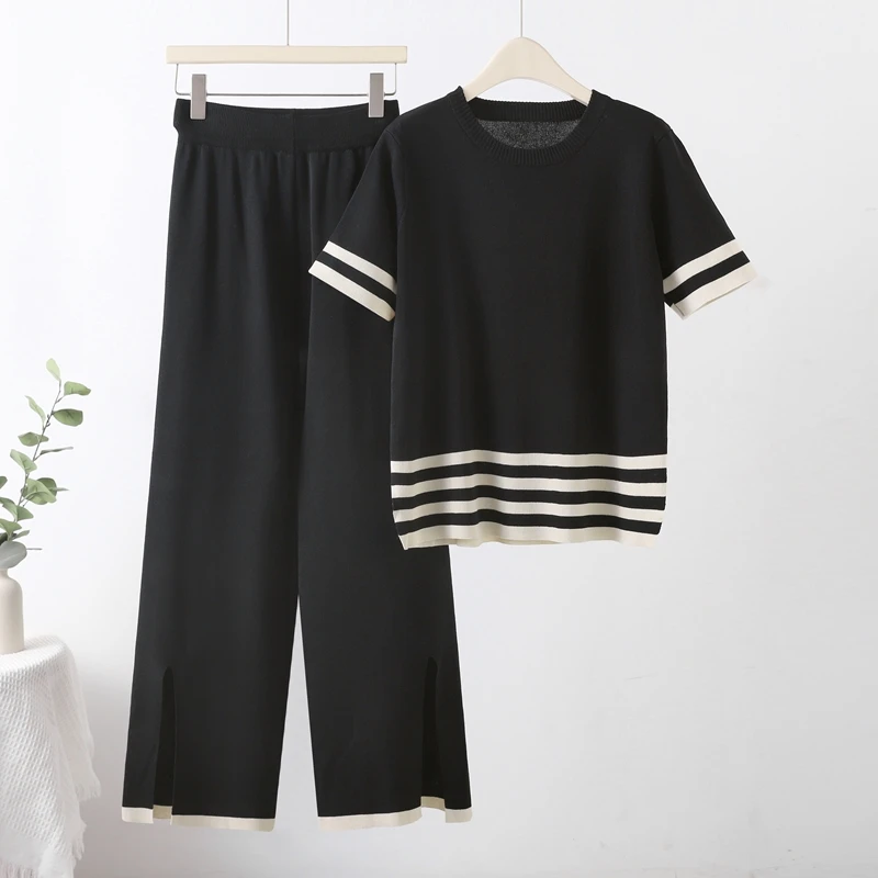 Knit Short Sleeve Tshirts Tops 2 Piece Sets Women Summer Striped Knitwear Tee Conjunto High Waist Split Wide Leg Pants Ensemble