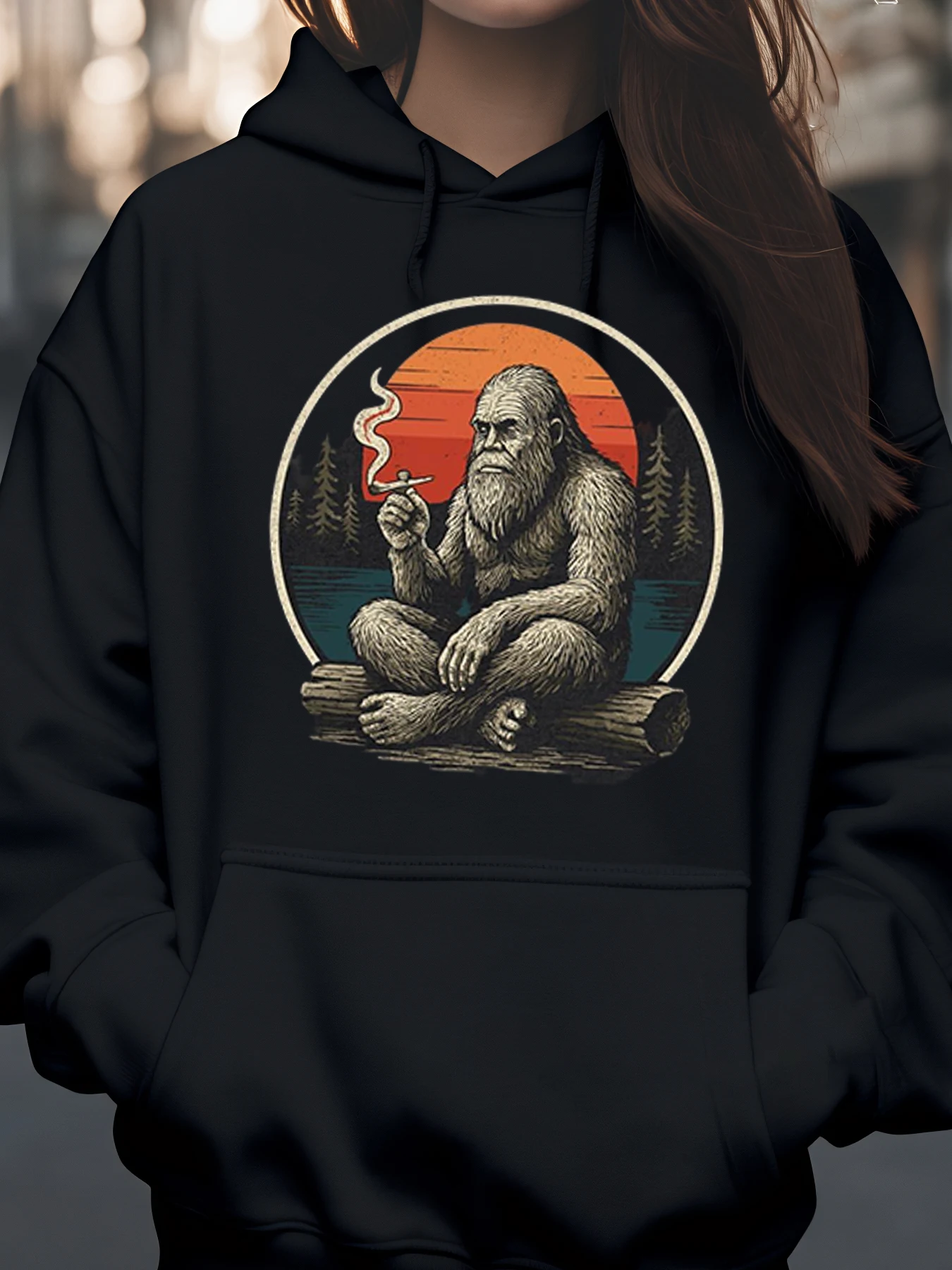 

Толстовка с принтом Bigfoot Smoking Pipe Sunset Forest, осенняя уличная мужская и женская повседневная одежда