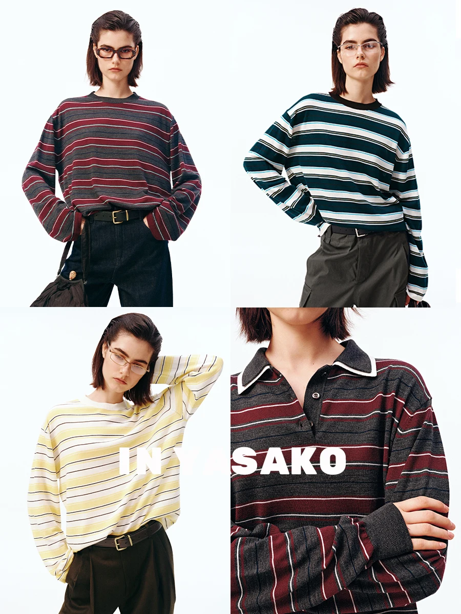 

Yasako Color Blo Stripe Ne Knitwear Holiday Sle Long Sve Women's Loose Fit Ci Walk Woolen Sweater