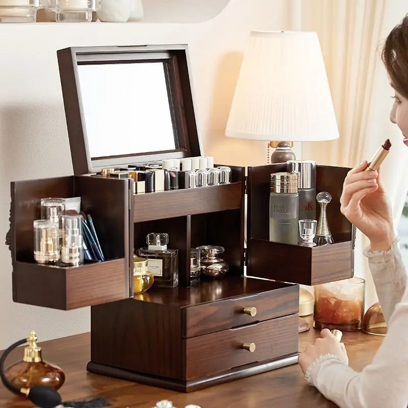 Luxury Jewelry Box Wooden Vintage Storage Box Bracelet Necklace Makeup Dust-proof Organizer Case Jewelry Cabinet with Mirror