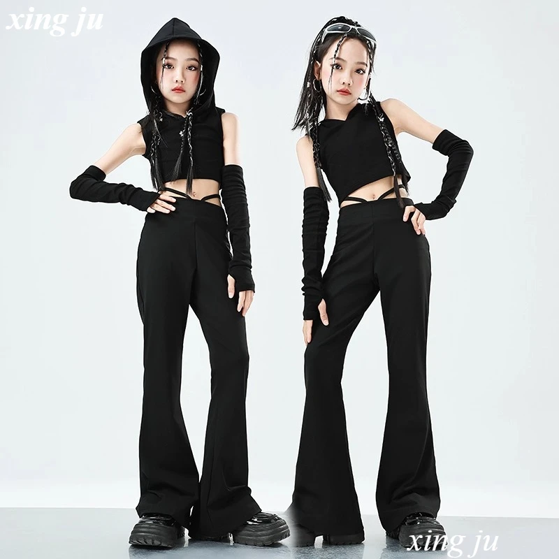 Girl Black Tight Flared Trousers Jazz Costume Children Street Dance Hip Hop Hooded Short Vest Kids Stage Performance Show Sets