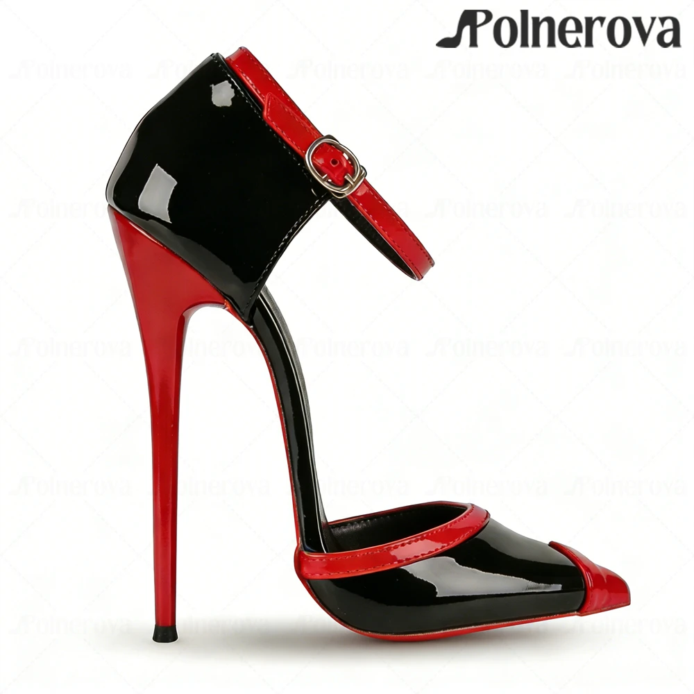 

Черные лакированные туфли на высоком каблуке с разноцветными вставками, остроносые, на шпильке, с ремешками и пряжкой на щиколотке, сексуальный стиль, для женщин, с возможностью индивидуального заказа