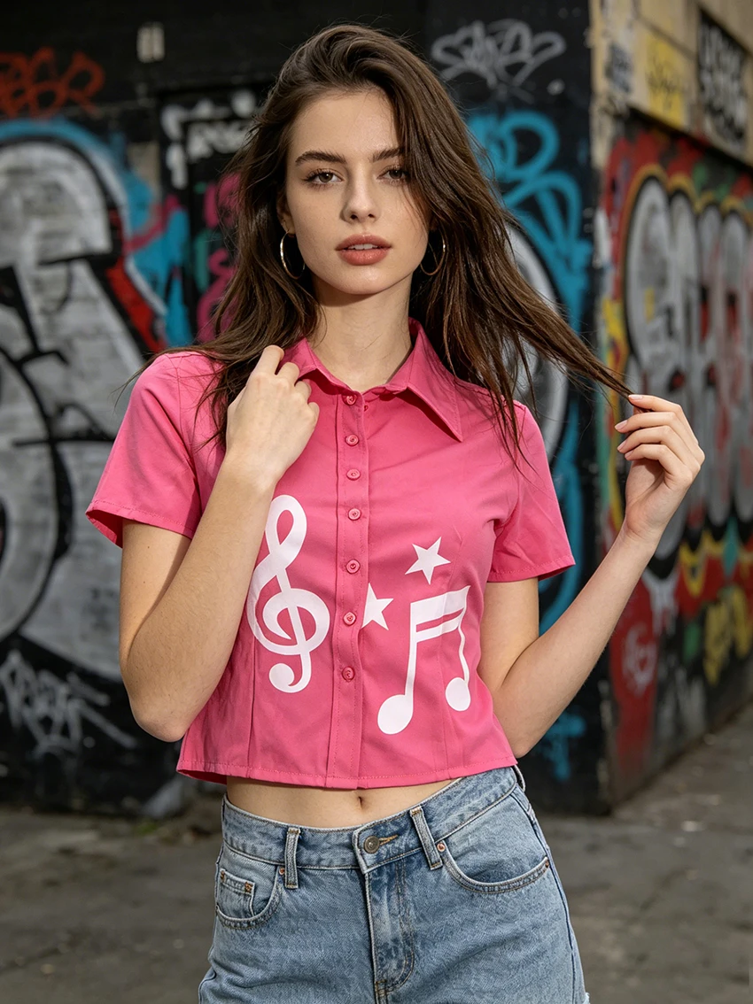 Y2K Cute Women Pink Cropped Shirt Musical Note Star Graphic Back Bow Tie Design Short Sleeve Slim Fit Casual Daily Top