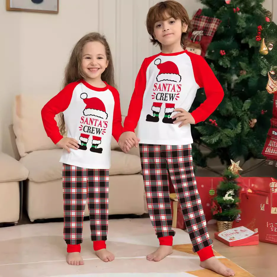 New Family Christmas 2 Piece Parent and Child Set with Deer Head Printed Plaid Doggy Clothes Homewear for Parents and Children