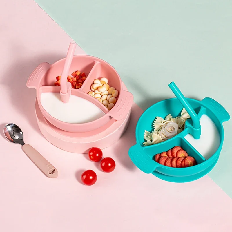 

Baby Silicone Straw Bowl Drop-resistantCompartment Feeding Bowl Complementary Food Bowl With Straw Silicone Suction Cup