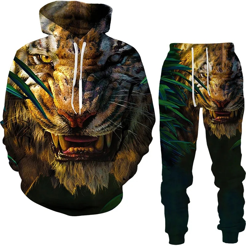 Hewan harimau 3D dicetak setelan olahraga pria Hoodie kasual dan celana 2 potong Set musim gugur musim dingin pakaian jalanan setelan pria