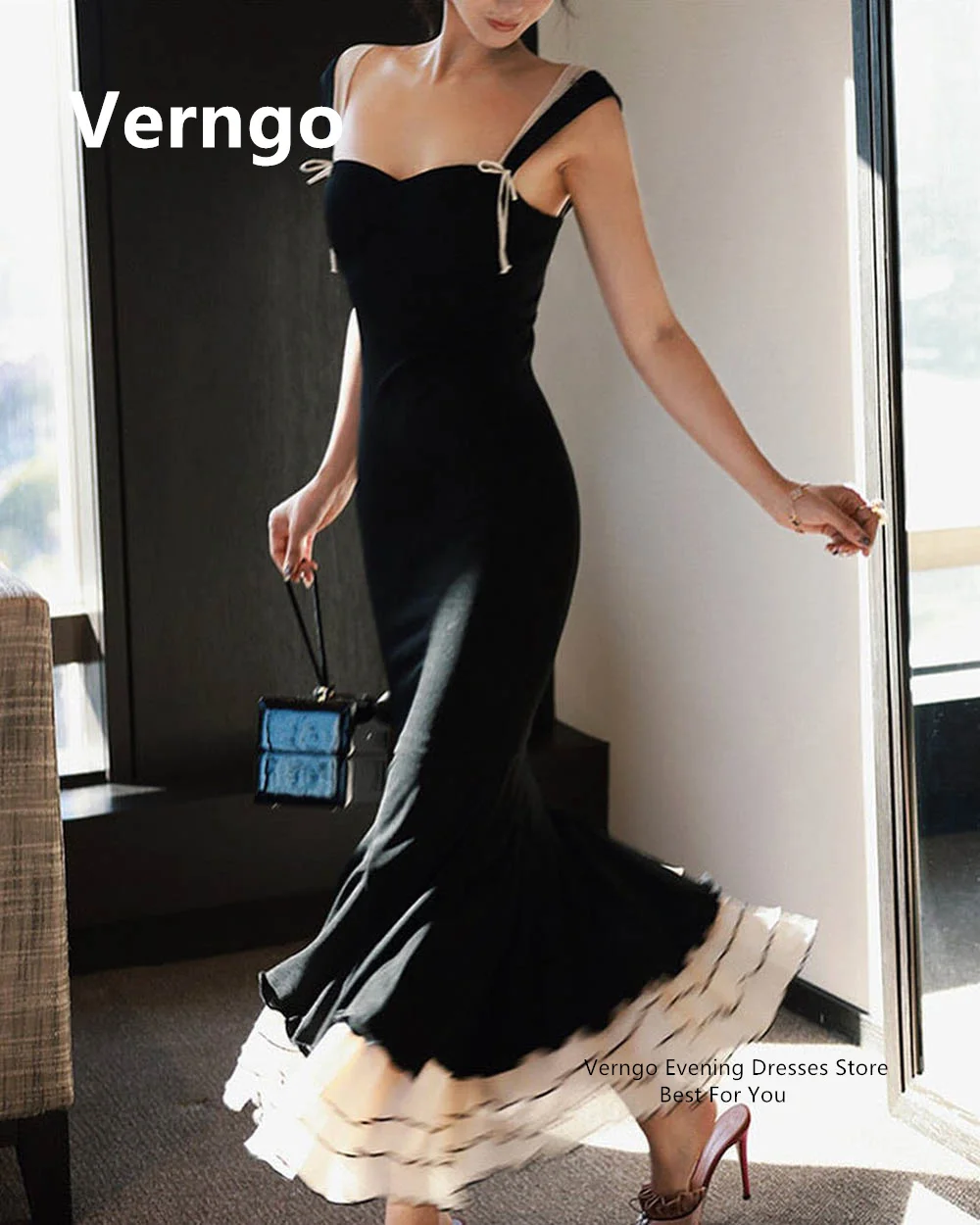 Verngo Black Satin Prom Gowns Spaghetti Straps Mermaid Party Dress For Women Simple Floor Length Dress For Special Event