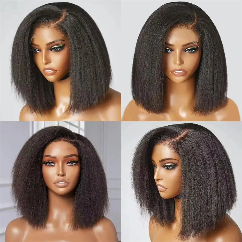 Kinky Straight Human Hair Wigs Wear And Go Glueless Wigs Bob Wig Human Hair 4X4  Lace Yaki Straight Human Hair Wigs For Women