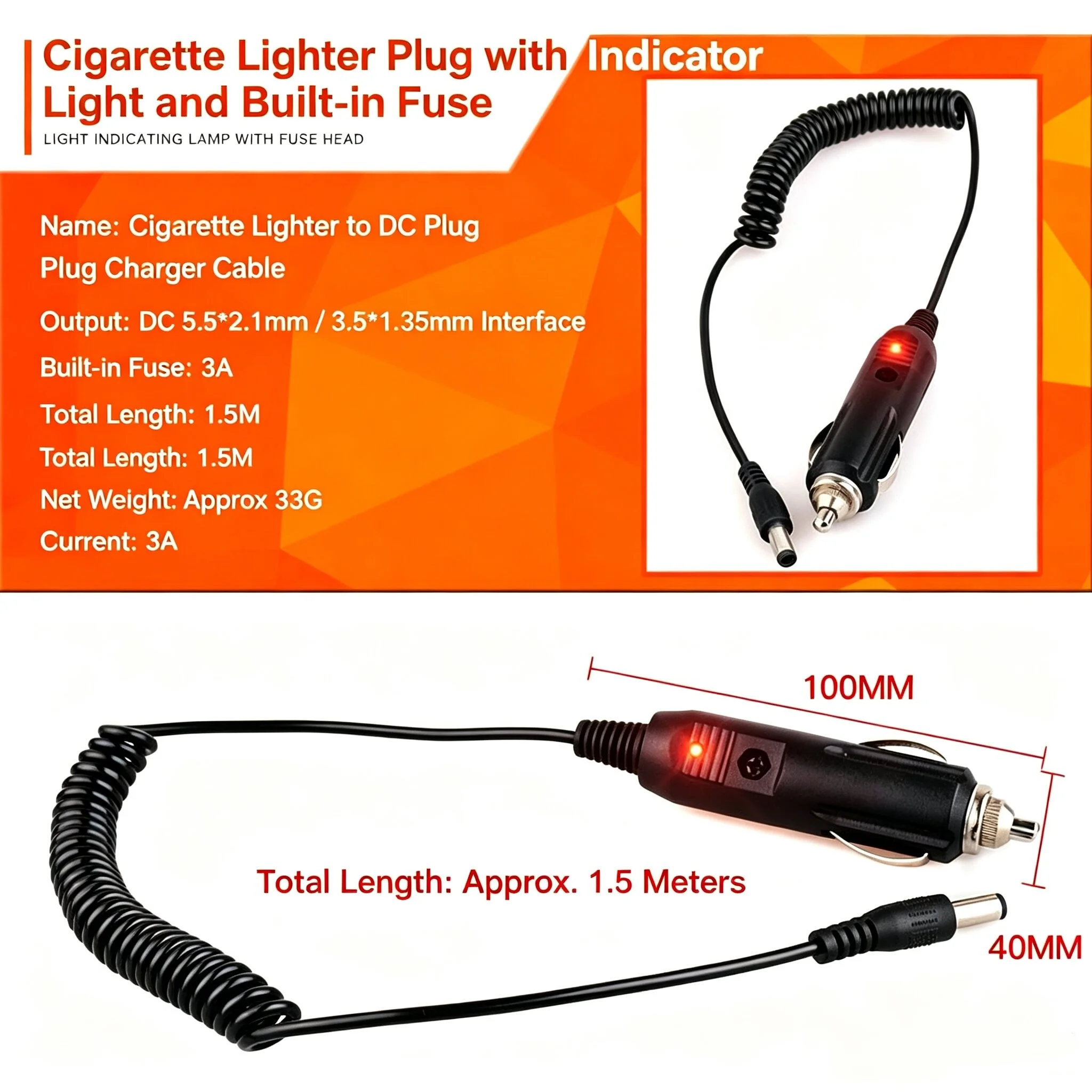 1.5m Spring‑Type Car Cigarette Lighter Charger Cable DC5.5*2.1mm Male Connector 12V Auto Power Cord For Car Diagnostic Scanner