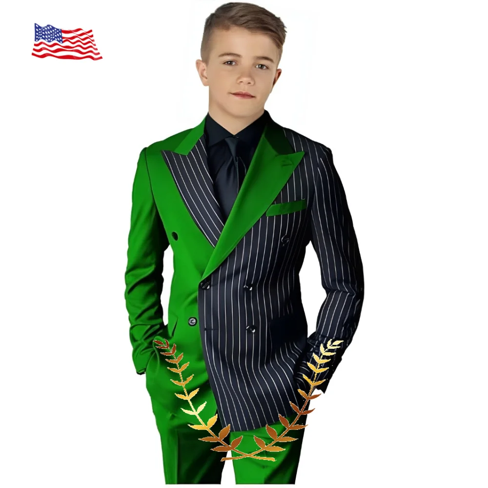 Black Striped Color Block Boys Suit 2 Pieces Casual Double Breasted Blazer Pants Wedding Party Kids Tuxedo