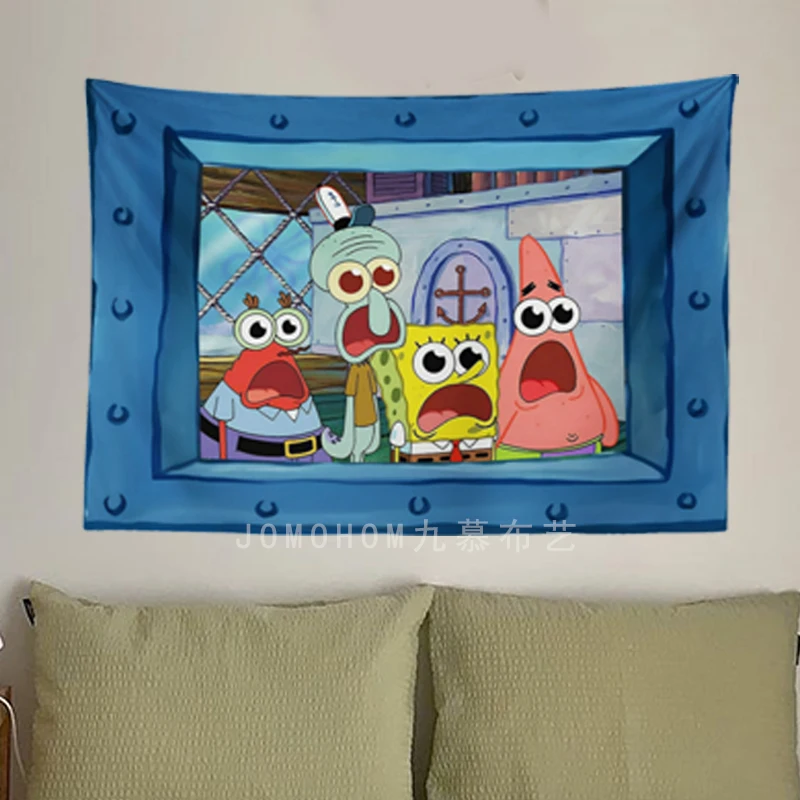 Tapiz de Bob Esponja para decoración de dormitorio, pinturas colgantes de pulpo y hermano, tela para revestimiento de pared