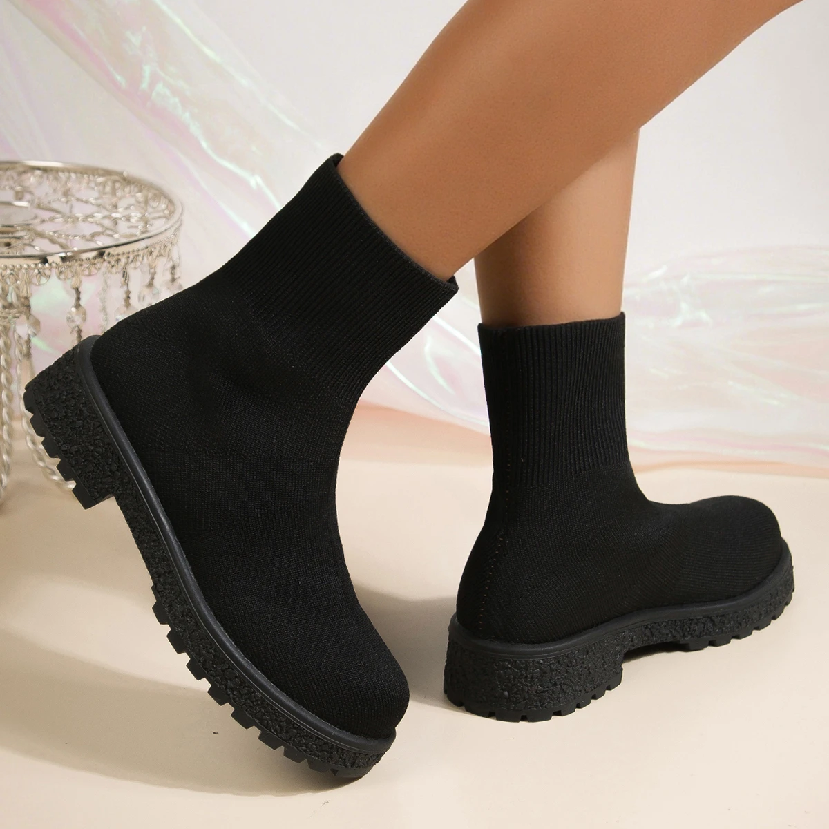 Mesh-Damen-Stiefeletten, modische Sockenstiefel, bequeme, atmungsaktive Slip-on-Damenstiefel, hohe Stiefel mit dicken Sohlen – Detail 6